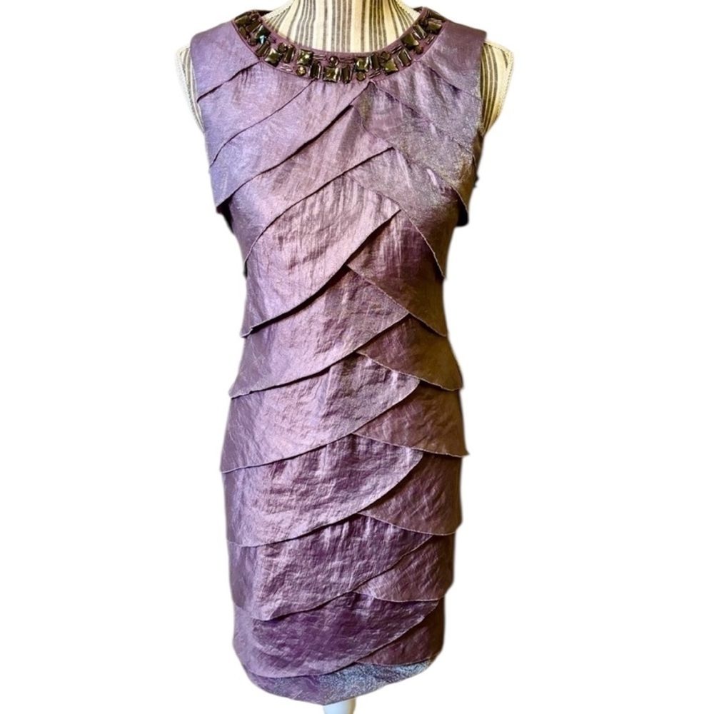 London Times Petites Dress Size 4P Lilac Purple Layers Ruffles Beads Sleeveless